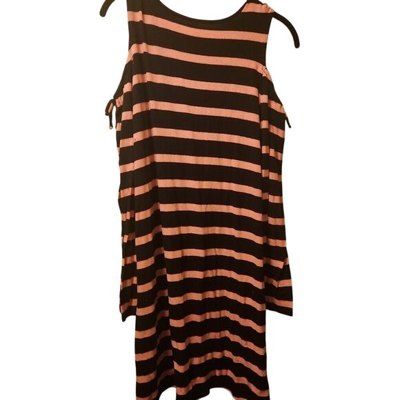Justice Cold Shoulder Dress Girls 14/16 Plus Long Sleeve Striped Black Pink - Picture 1 of 2